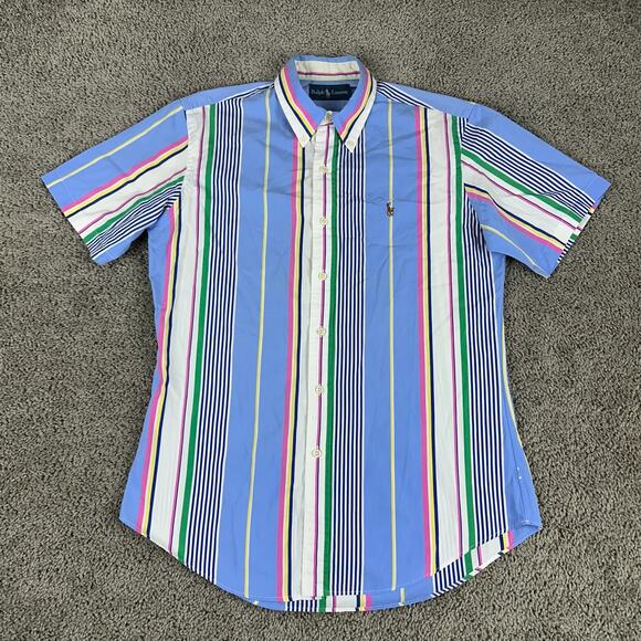 VTG Ralph Lauren Shirt Mens Medium Blue Pink Fun Stripes Flesh Pony Button Up - Picture 1 of 10